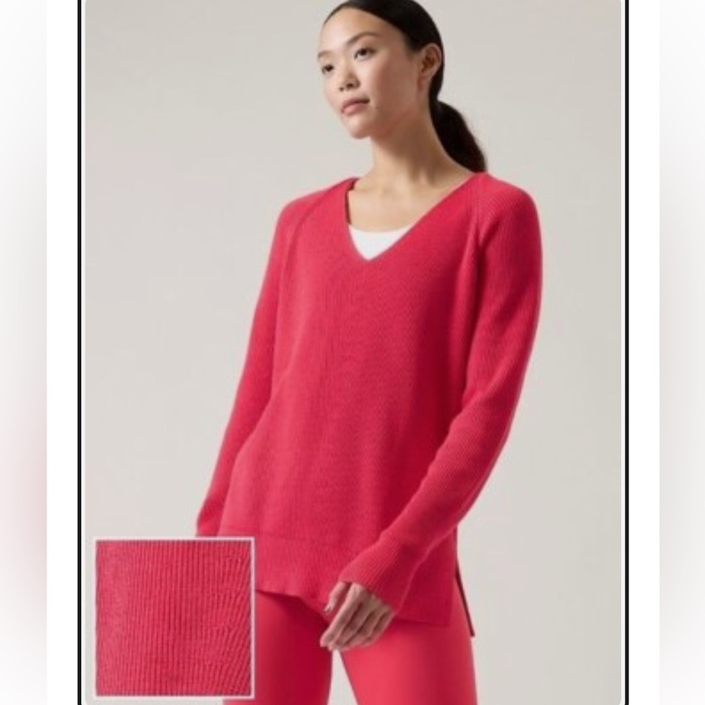 Athleta Hanover Merino Wool V-Neck Tunic Knit Sweater Coral Pink Size XS/TP.